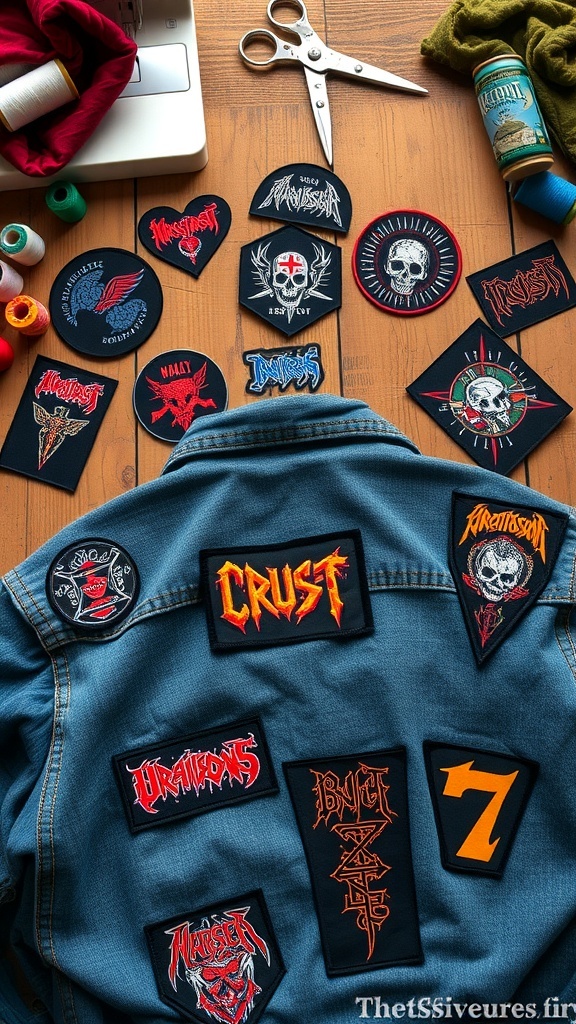Colorful DIY crust jacket patches on a wooden table with sewing supplies.
